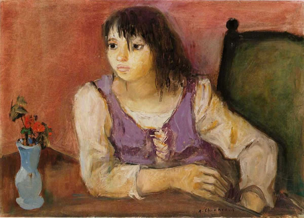 Ragazza con vaso e fiori, anni 70, olio, cm 50x70, esposta Asta Nuova Bianchi D’Espinosa, Napoli